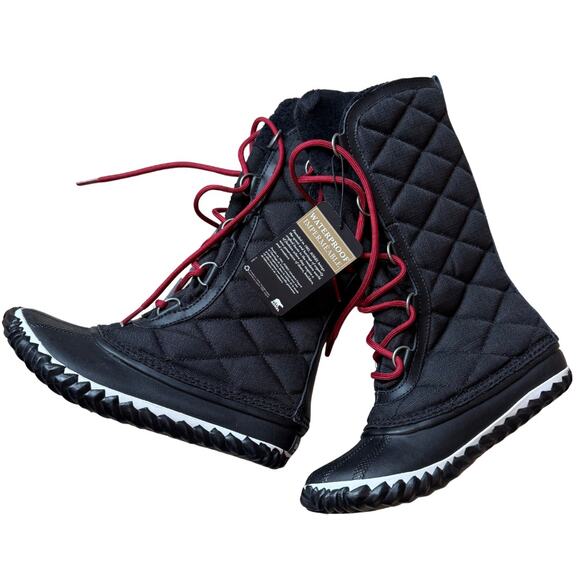 Sorel Women's Out N About Tall Snow Boots Size 6 Black Red Faux Fur Quilted Warm - Picture 1 of 6